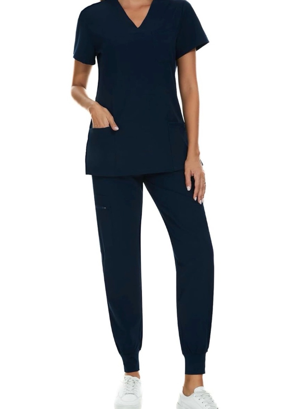 COZYFIT Navy Blue Scrub Set Size Small V-Neck Top Jogger Pants 8 Pockets